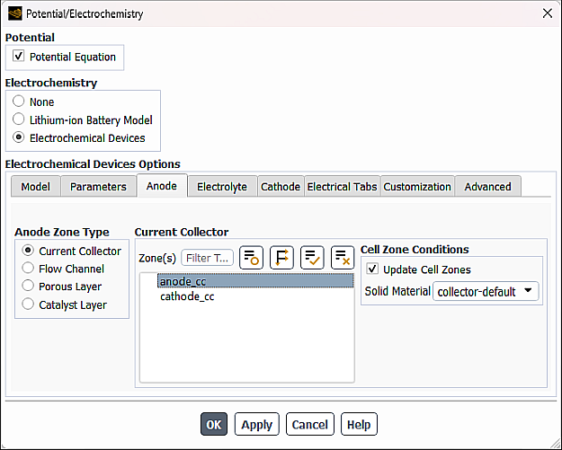 Potential/Electrochemistry Dialog Box - Anode Collector