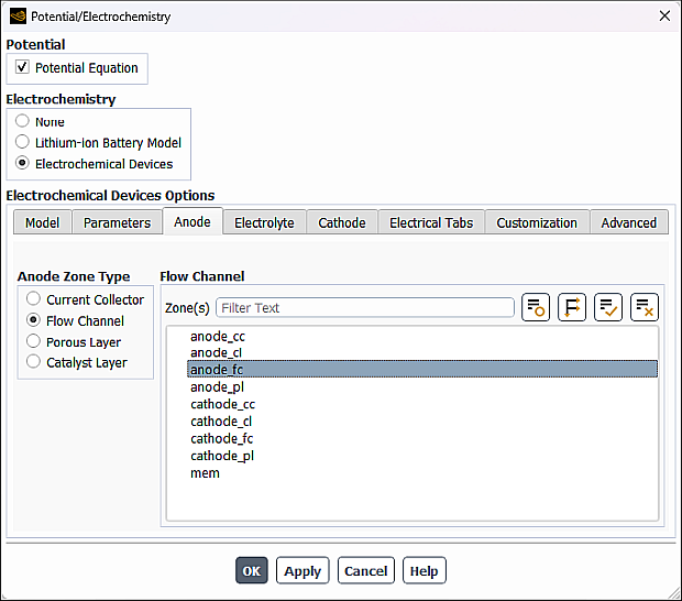 Potential/Electrochemistry Dialog Box - Anode Flow Channel