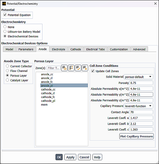 Potential/Electrochemistry Dialog Box - Anode Porous Layer