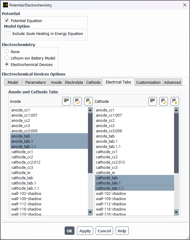 Potential/Electrochemistry Dialog Box - Electrolyte Tab