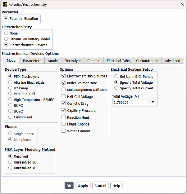 Potential/Electrochemistry Dialog Box - Model Tab