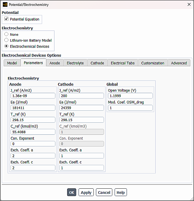 Potential/Electrochemistry Dialog Box - Parameters Tab