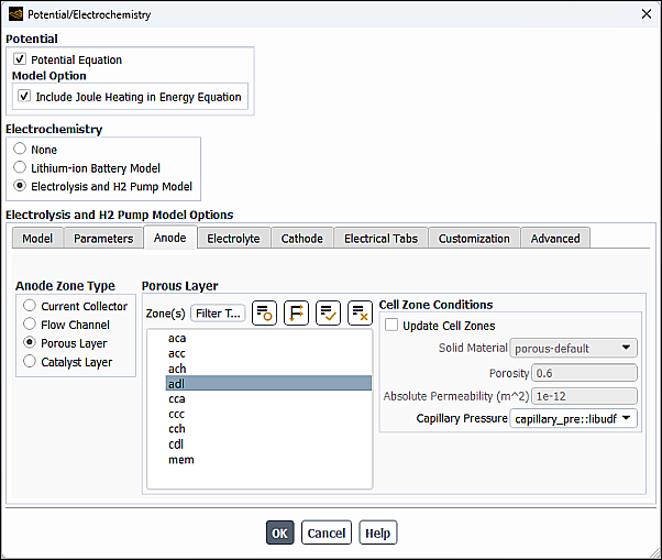 The Potential/Electrochemistry Dialog Box - Anode Tab