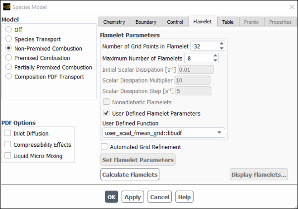 The Flamelet Tab Dialog Box (User-Defined Flamelet Parameters)