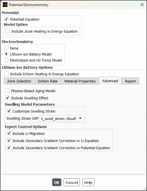 The Potential/Electrochemistry Dialog Box