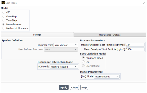 The Soot Model Dialog Box (User-Defined Precursor)