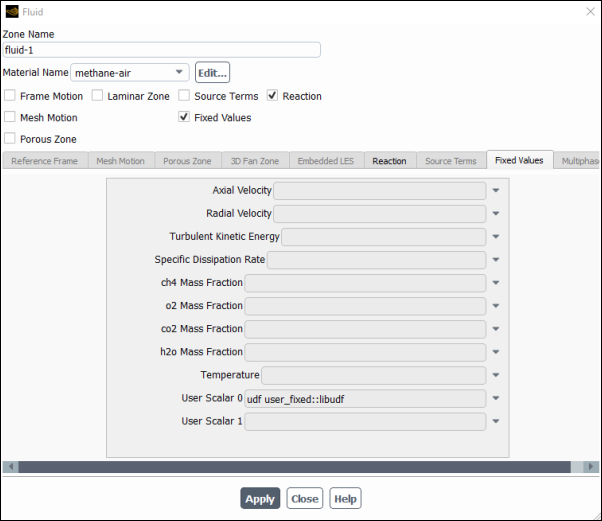 The Fluid Dialog Box with Fixed Value Inputs for User-Defined Scalars
