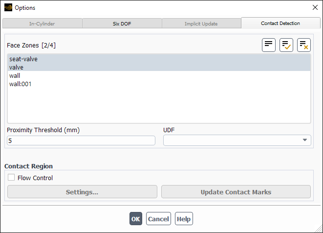 The Options Dialog Box Showing the Contact Detection Tab