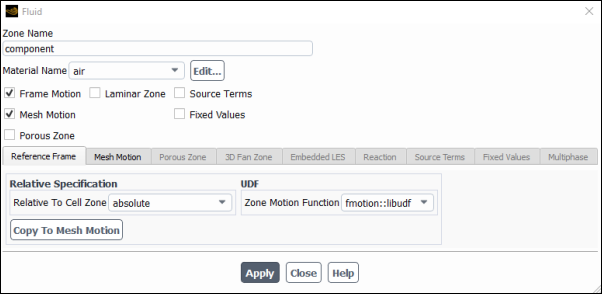The Fluid Dialog Box for Frame Motion