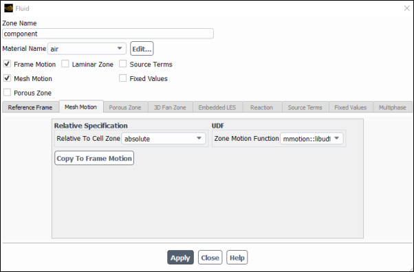 The Fluid Dialog Box for Mesh Motion