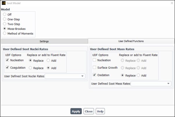 The Soot Model Dialog Box (User-Defined Mass and Nucleation Rates)
