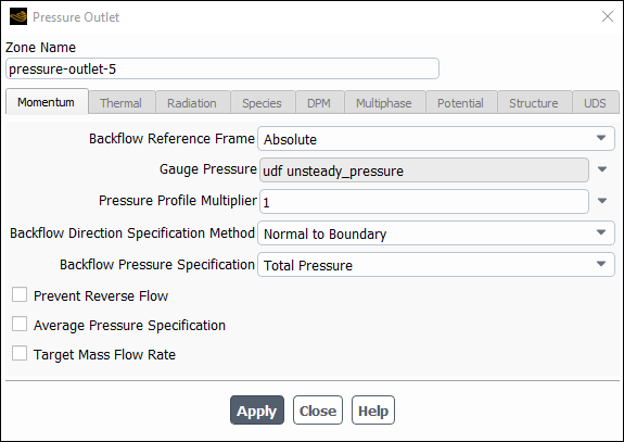 The Pressure Outlet Dialog Box