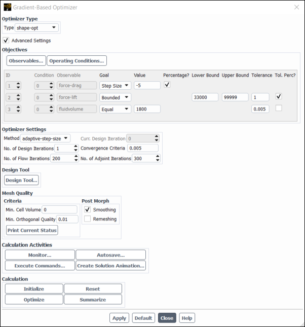 Gradient-Based Optimizer Dialog Box