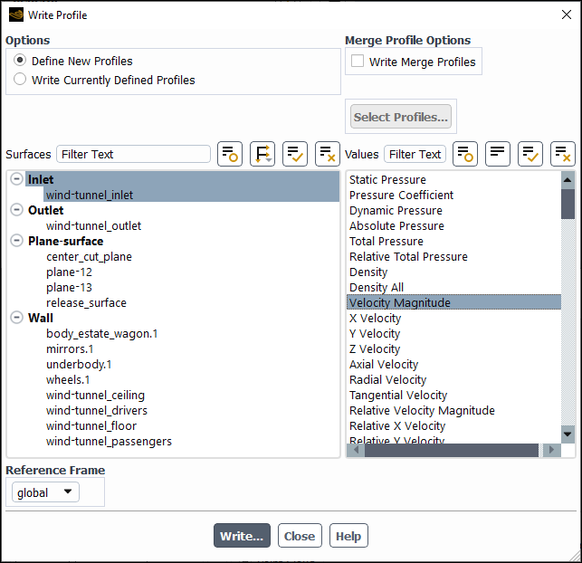 The Write Profile Dialog Box