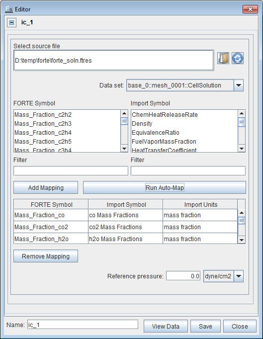 Variable mapping panel, where Ansys Forte variables are mapped to solution variables in an input file