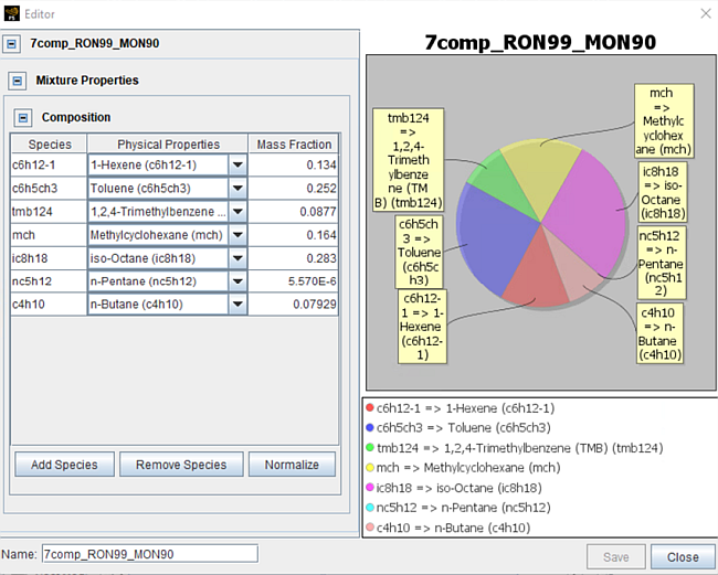 Specifying species composition for a fuel mixture