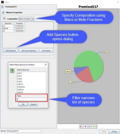 Specifying gas species composition for an inlet