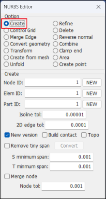 NURBS 2D element creation. 'Create' selected