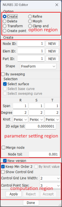 Description for regions in NURBS 3D panel