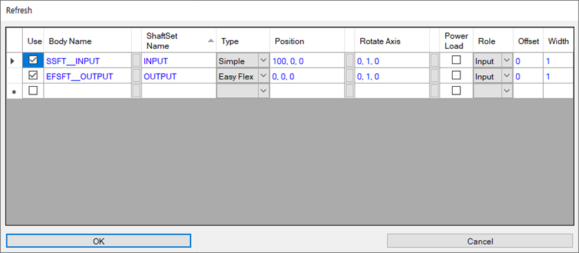 Parameters in ShaftSet Refresh window