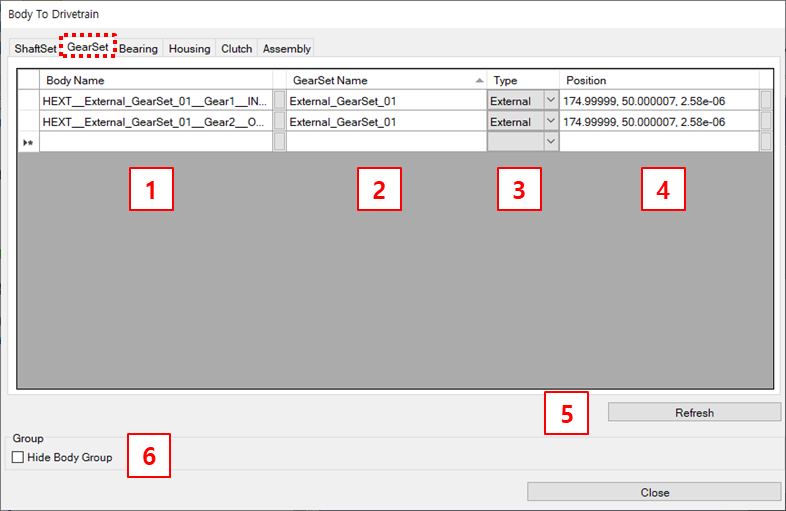 GearSet tab parameters for Body To DT