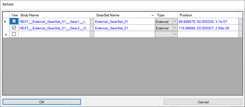 Parameters in the GearSet Refresh window