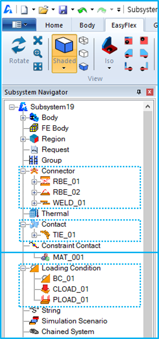 Location of EasyFlex Entities in the Subsystem Navigator