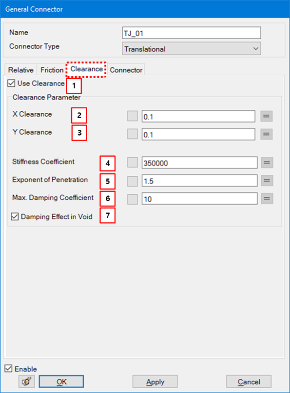Clearance tab in the Translational Joint property dialog