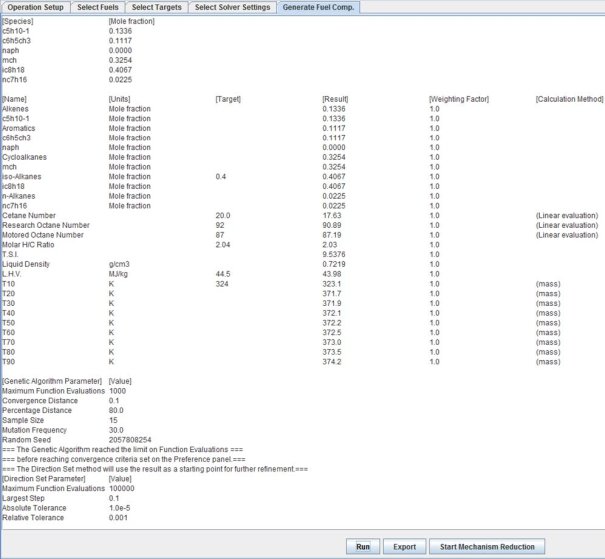 The Generate Fuel Composition panel’s fuel composition and property evaluations of the optimized solution.