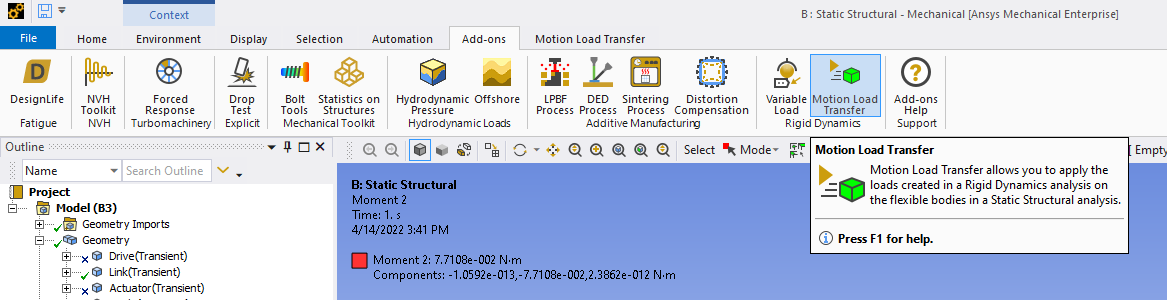Motion Load Transfer Add-on Showing Loaded Status