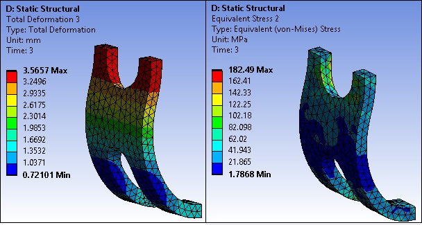 Spinal Spacer Deformation and Stress, t = 3 seconds