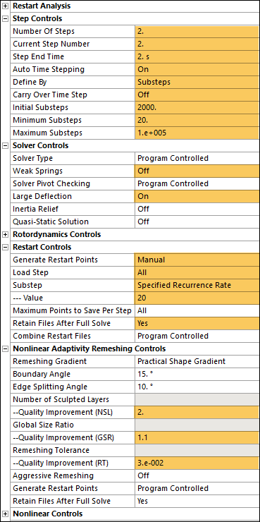 Analysis settings for Load Step 2