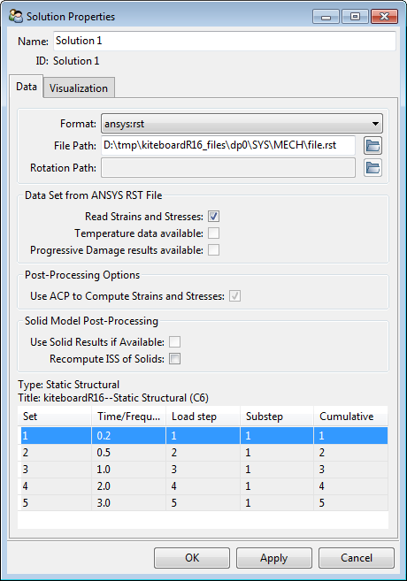 Solution Properties Window Showing Several Solution Sets in the Data tab