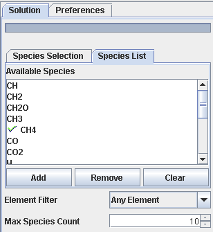 The Species List tab for selecting species available for start and end. Preferred species persist beyond the application lifetime.