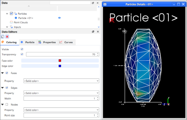 Example Coloring tab in the Data Editors panel showing Particle Set parameters for a Particles Details window