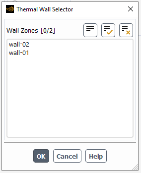 List of all the walls compatible with the 1-way thermal coupling between Rocky and Fluent in the Thermal Wall Selector window.