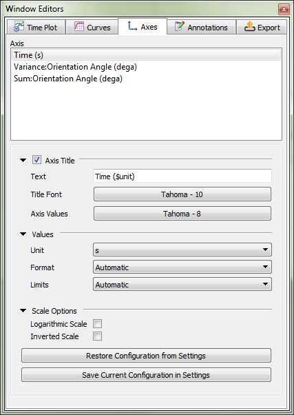 Time Plot, Axes settings in the Window Editors panel