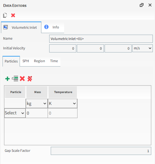 Volumetric Inlet, Particles sub-tab, Data Editors panel