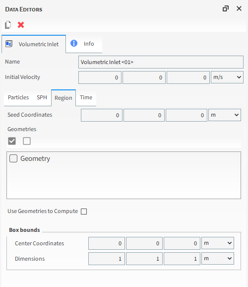 Volumetric Inlet, Region sub-tab, Data Editors panel