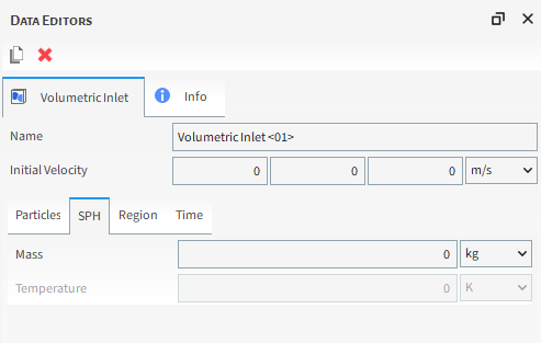 Volumetric Inlet, SPH sub-tab, Data Editors panel
