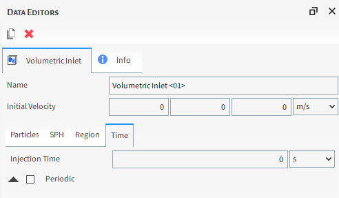 Volumetric Inlet, Time sub-tab, Data Editors panel