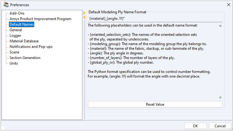 Default Names Section