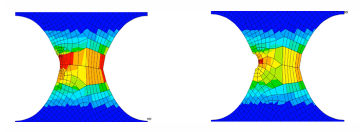 Target mesh with void created by ESTN option and the REMMAT criterion with equivalent strain plot