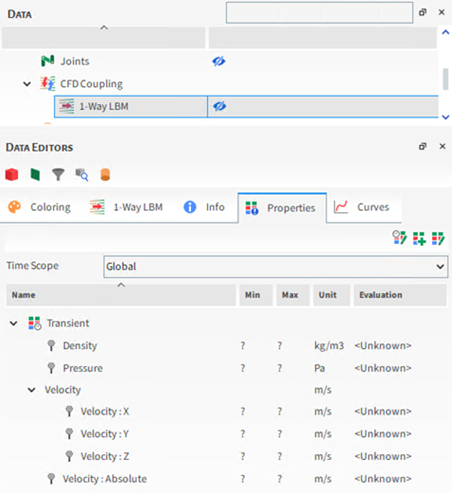 1-Way LBM, Properties options on the Data Editors panel