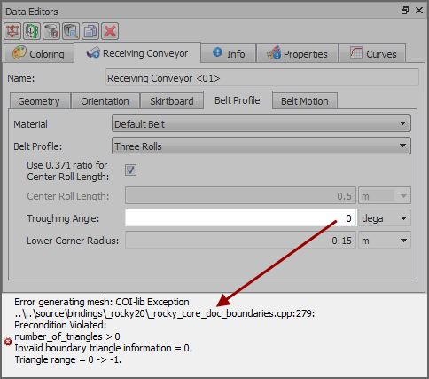 Error shown on Data Editors panel when zero is entered for Troughing Angle
