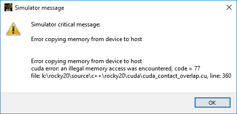 Simulator critical message reporting "Error copying memory"
