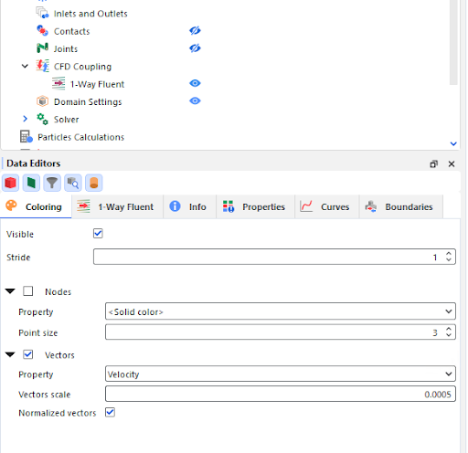 The coloring tab of the 1-Way Fluent Data Editor allows the selection of which fluid information should be showed in the 3D view.