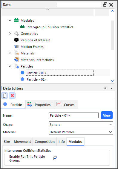 Additional module options for Particle groups when the Inter-group Collision Statistics module is enabled