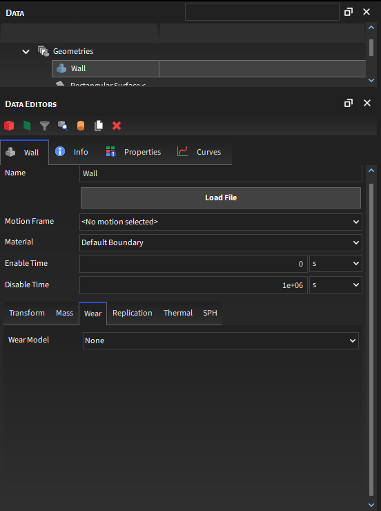 Imported wall, Wear parameters in the Data Editors panel