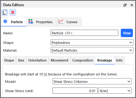 Particle, Breakage tab on the Data Editors panel showing the Shear Stress Criterion model settings